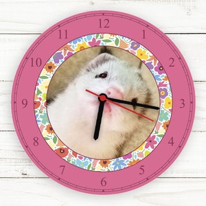 Girly Pink Flower Personalized Custom Wall Clock, Ferret Clock, Ferret Gift, Ferret Lover, Personalized Clock, Christmas Gift, Gifts for Her