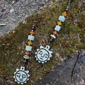Hand Carved. Bone Sun Pendant Earrings: Ethically Sourced Gemstone & Horn