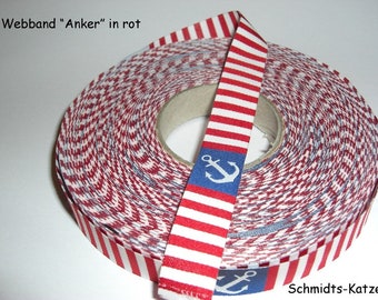 3 m woven ribbon “Anchor” red