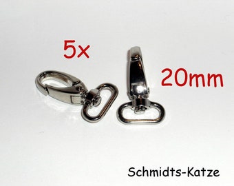 5x karabijnhaak 20 mm zilver