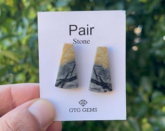 May include: A pair of stone earrings with a trapezoid shape. The top portion is beige, transitioning to gray with black veining. The card behind the earrings reads "Pair Stone" and "GTG GEMS".