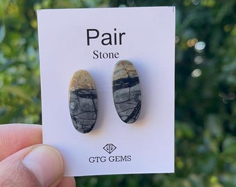 May include: A pair of oval-shaped stone earrings with a natural, marbled appearance. The stones are gray, black, and tan, mounted on a white card with the text "Pair Stone" and the "GTG GEMS" logo. The background is blurred green foliage.