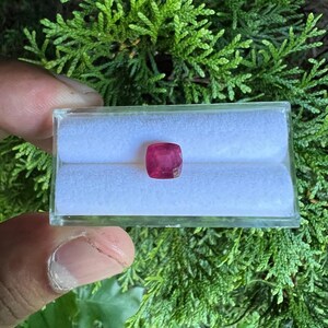 May include: A cushion-cut, deep pink gemstone displayed in a clear, rectangular plastic display box with a white velvet insert. The gemstone features a faceted surface that reflects light, showcasing its vibrant color and symmetrical shape.