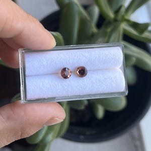 May include: Two small round brown gemstones in a white box. The gemstones are set in a silver setting.