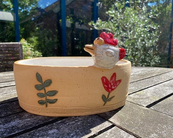 Ceramic flower pot with chicken/stoneware/handmade/unique/plant pot