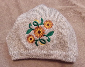Sunflower knit hat, embroidered, flower, skull cap, beanie, knit hat, fits most