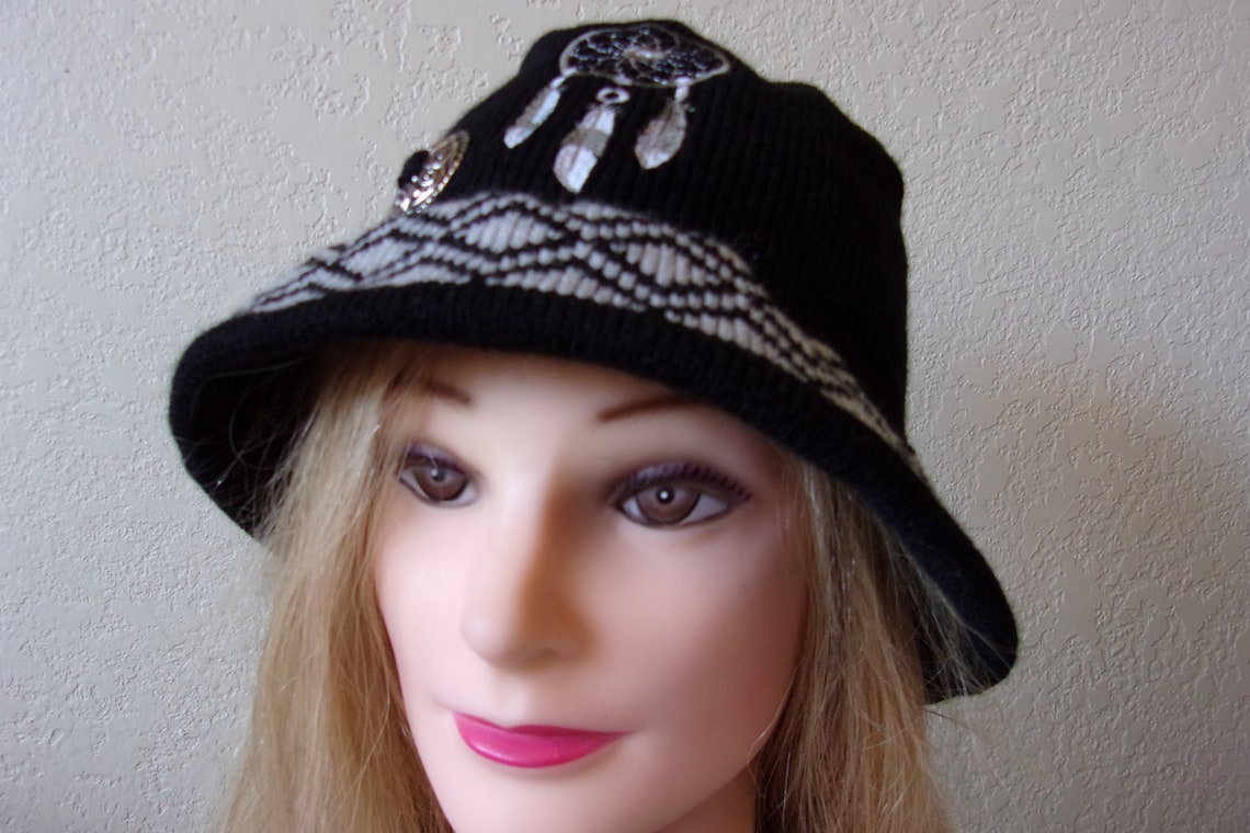 Dream catcher knit hat feather brim knit hat bucket retro Etsy