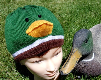 Mallard duck hat, duck hunters cap, goose, geese, decoy stocking cap, funny hat, knit hat, animal hat, beanie, fits most