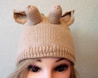 Reindeer beanie, animal hat, deer antlers, funny cap, knit skull cap, fits most
