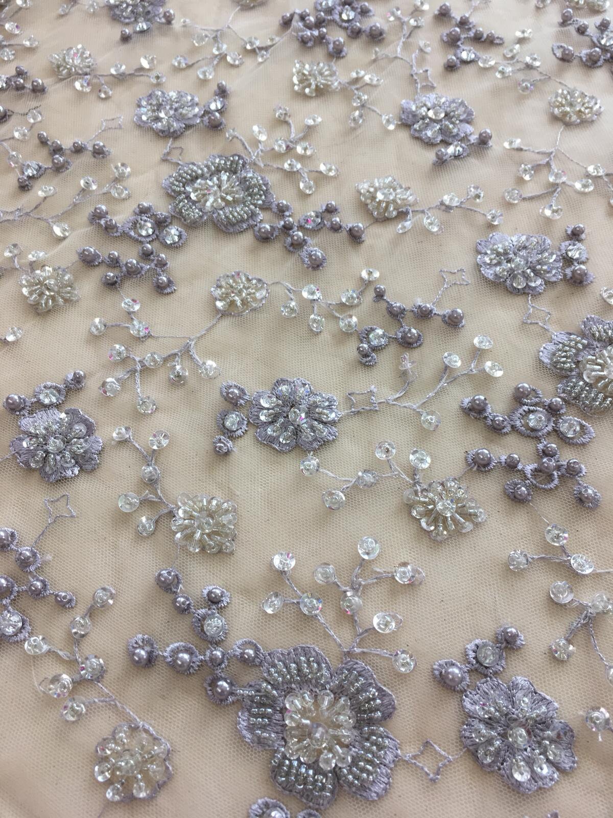 Gray Lace Fabric Luxury 3D Beaded Lace Fabric Hand Made Pearl Etsy