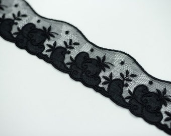 Black Embroidery lace Trim, Chantilly Lace, French Lace, Bridal lace, Wedding Lace, Scalloped lace, Lace Fabric, Fabric by the yard MM00230