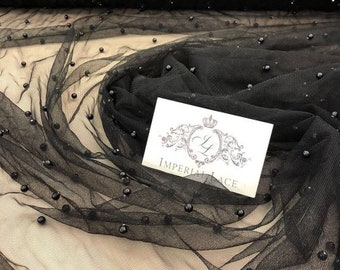 Black tulle fabric with pearls, Lingerie Black net, Tulle fabric with pearls, Tulle fabric, Black net fabric, Lingerie net fabric, T00175