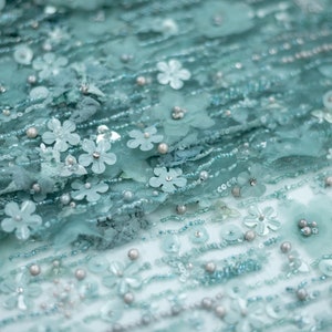 Green 3D lace fabric, haute couture fabric, Beaded Lace Fabric, Wedding Lace, hand made fabric with beads, silk flowers, spitze stoff K01146