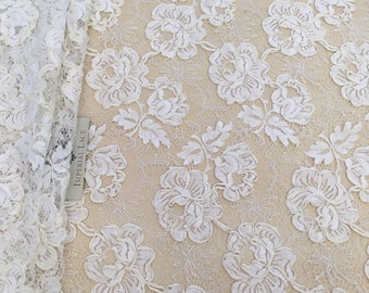 0,63m piece of the Ivory lace fabric, Embroidered lace, French Lace, Wedding Lace, Bridal lace, White Lace,Lingerie Lace Alencon Lace B00255