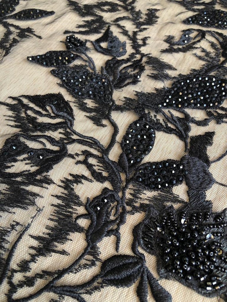 3D lace fabric Beaded lace M00163 Black lace Lingerie net fabric Black lace Black beaded lace fabric Black embroidery fabric