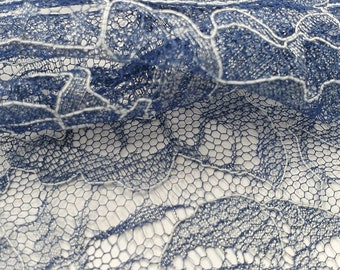 Blue French soft lace trim with silver yarn, soft French lace trim, Chantilly Lace, French Lace, Evening dress lace, Couture lace MK00620