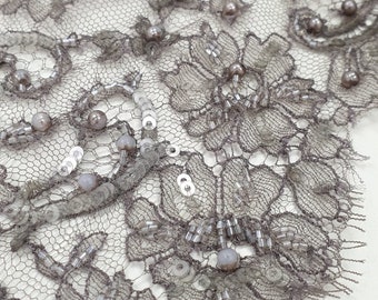 Bordure essentielle en dentelle perlée grise, broderie à la main, dentelle de Chantilly, dentelle française, dentelle de mariée, dentelle pour robe de soirée, dentelle couture MK00518