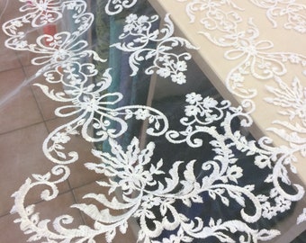 Ivory embroidery on soft tulle, Lace fabric, Wedding lace fabric, bridal lace fabric, ivory Floral pattern embroidery on tulle BYB2485
