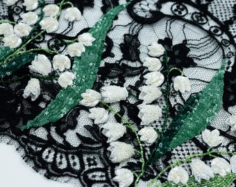 Exquise bordure en dentelle noire perlée, lourde bordure en dentelle perlée pour robe de mariée, voile de mariée, bordure en dentelle torsadée, bordure en dentelle par mètre MM00203