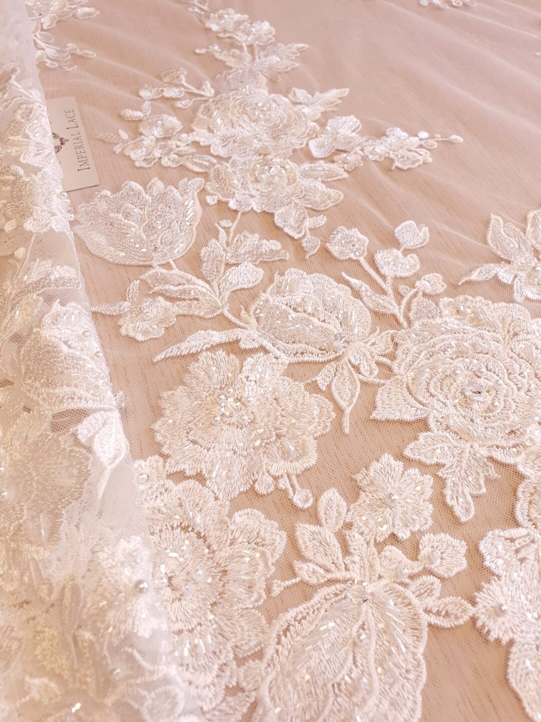 3D Ivory Lace Fabric, Beaded Lace Fabric, Hand Made Lace, Embroidery