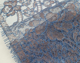 Blue French soft lace trim with bronze yarn, soft French lace trim, Chantilly Lace, French Lace, Evening dress lace, Couture lace MK00618