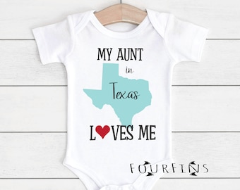 Anpassade moster babykläder Min moster älskar mig Onsie Personlig body Texas State babybody Long Distance Onesie Någon i Texas älskar mig