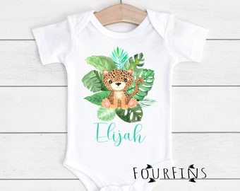 Personalized baby boy outfit coming home onesies with name Jaguar Brown Green Jungle outfits for baby Jaguar theme baby shower boy gift