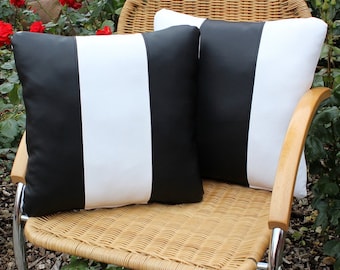 Synthetic leather cushions 40 x 40 cm, black and white, back cushions, black & white, cushion cover, cushions with stripes, lounge cushions