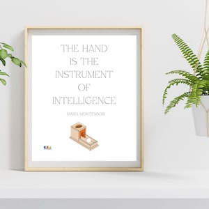 May include: A framed print with a white background and black text that reads "The hand is the instrument of intelligence - Maria Montessori". A small illustration of a hand holding a ball is below the text.
