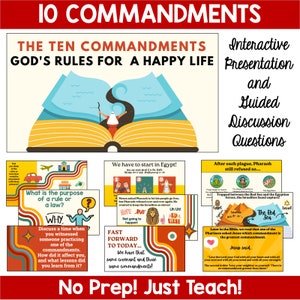 May include: A colorful presentation for teaching about the Ten Commandments. The presentation includes images of Moses, Pharaoh, and the Red Sea. The text "God's Rules for a Happy Life" is featured in a large font. The presentation also includes discussion questions and a "No Prep! Just Teach!" tagline.