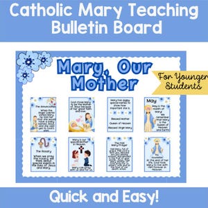 Könnte beinhalten: Ein blaues und weißes Bulletin Board mit dem Titel "Maria, unsere Mutter" und Illustrationen von Maria, Jesus und Engeln. Das Board ist in Abschnitte mit Titeln wie "Die Verkündigung", "Der Rosenkranz", "Mai" und "Das Ave Maria Gebet" unterteilt.