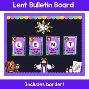 以下が含まれることがあります： 「Lent Bulletin Board」の文字が入った紫色の掲示板。鳩、L、E、N、Tの文字が入った4枚のカード、イラストが描かれています。「Includes border!」の文字が下部にあります。