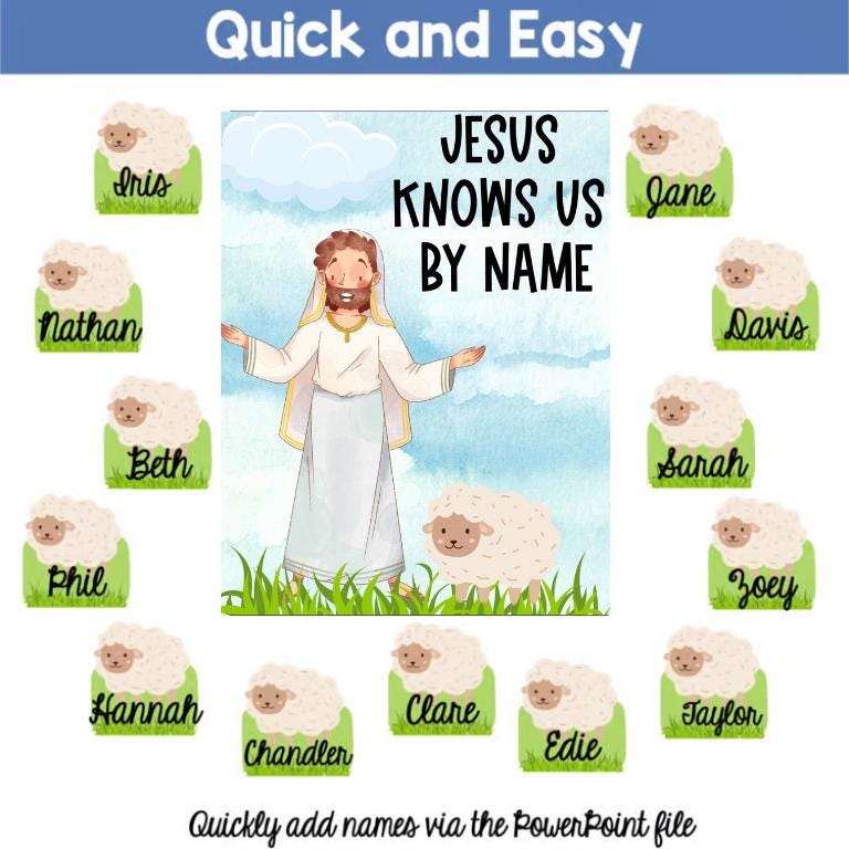 Christian Classroom Door with Editable Name Tags: Jesus Knows Us By Name