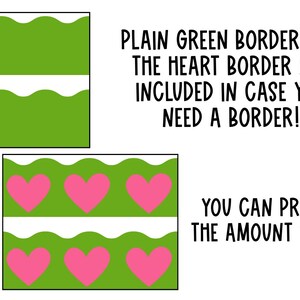 Może przedstawiać: Dwa drukowalne zielone i białe obramowania z falistym wzorem. Jedno obramowanie ma prosty zielony wz&oacute;r, drugie ma r&oacute;żowe serca. Tekst "PLAIN GREEN BORDER AND THE HEART BORDER ARE INCLUDED IN CASE YOU NEED A BORDER! YOU CAN PRINT JUST THE AMOUNT YOU NEED." jest zawarty w obrazie.