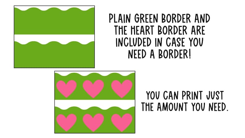Może przedstawiać: Dwa drukowalne zielone i białe obramowania z falistym wzorem. Jedno obramowanie ma prosty zielony wz&oacute;r, drugie ma r&oacute;żowe serca. Tekst "PLAIN GREEN BORDER AND THE HEART BORDER ARE INCLUDED IN CASE YOU NEED A BORDER! YOU CAN PRINT JUST THE AMOUNT YOU NEED." jest zawarty w obrazie.