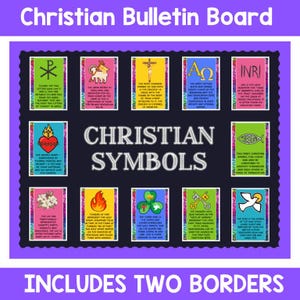 Peut inclure: Un tableau d'affichage chrétien avec une bordure violette. Le tableau présente divers symboles chrétiens, dont une croix, un agneau, un crucifix et un poisson. Le texte sur le tableau explique la signification de chaque symbole. Le texte "Christian Symbols" est au centre.