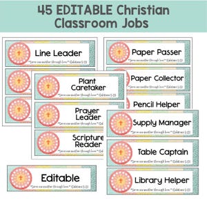 May include: A set of rectangular cards titled 45 Editable Christian Classroom Jobs. Each card features a circular icon with a cross, a light blue dotted background, and the text Serve one another through love. (Galatians 5:13) in black font.