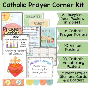 Puede incluir: Un kit de rincón de oración católico con varios carteles y tarjetas educativas. Incluye 6 carteles del año litúrgico, 6 carteles de oración, 10 carteles de virtudes, 10 carteles de vocabulario, iniciadores de oración y 2 bordes decorativos.