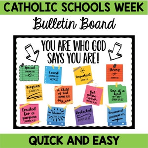 Puede incluir: Un tablero de anuncios con el título "You Are Who God Says You Are!" y notas adhesivas de colores con afirmaciones positivas y versículos bíblicos. Las notas incluyen frases como "Special", "Loved", "Important", "Forgiven", "A Child of God", "Chosen", "Protected", "Strong", "Not Alone", "One of a Kind", "Treasured" y "Created for a Purpose".