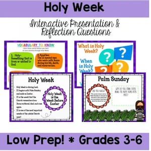 Könnte beinhalten: Eine farbenfrohe druckbare Ressource zum Unterrichten über die Karwoche. Die Ressource enthält Vokabeln, Reflexionsfragen und Bilder. Der Text enthält "Die Karwoche ist die Woche vor Ostern".