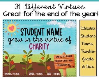 Editable End of the Year Christian Virtue Awards with Scripture: Growing Virtue