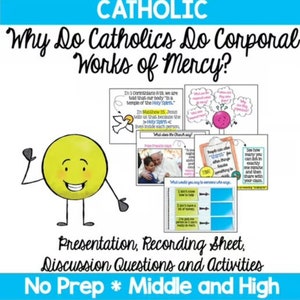 Puede incluir: Una presentación colorida con un personaje sonriente amarillo, texto que dice "¿Por qué los católicos hacen obras corporales de misericordia?" y varias imágenes con texto sobre la Iglesia Católica. La presentación se titula "Presentación, hoja de registro, preguntas de discusión y actividades" y "Sin preparación * Secundaria y Bachillerato".