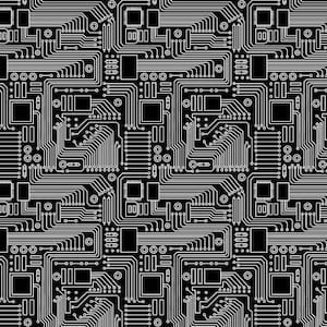 Könnte beinhalten: Abstraktes Schwarzweißmuster einer Platine mit Linien und Quadraten.