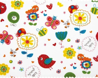 Children's fabric white with bird, caterpillar, butterfly