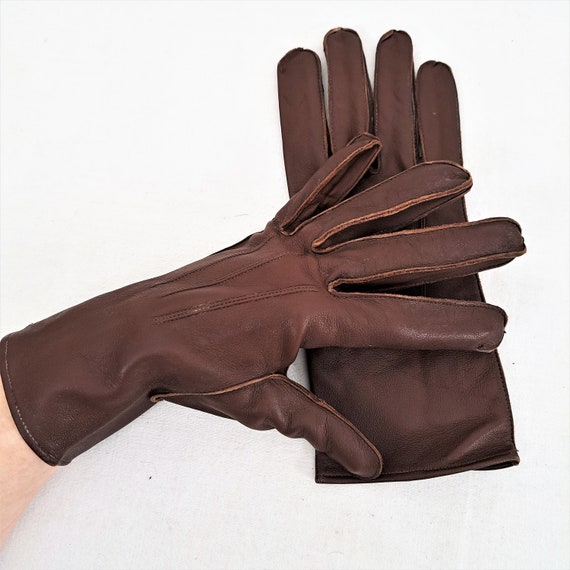 Retro 1960's/70's Brown Leather Gloves. English M… - image 8