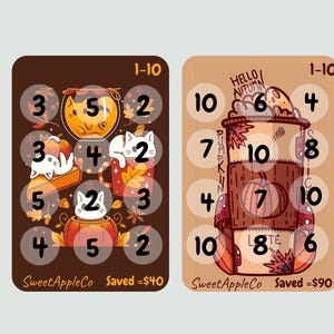 May include: Two illustrated cards with a fall theme. One card is brown with a pumpkin, cat, and leaves. The other card is tan with a pumpkin spice latte design. Each card has numbers 1-10 in circles. The text "SweetAppleCo" is at the bottom.
