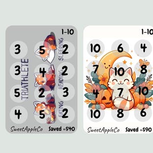Puede incluir: Dos tarjetas ilustradas sobre un fondo verde claro. Una es gris con un tema de zorro, la otra blanca con un tema de gato. Ambas tarjetas tienen los números 1-10, y el texto "SweetAppleCo" y "Saved".