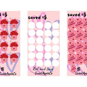 May include: Three pink vertical cards with the text "saved = $". The first card has red cupcakes with heart decorations. The second card has white circles. The third card has "Love Coupon" tickets. The text "SweetAppleCo" is at the bottom.