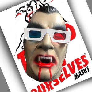 Video Vamp Adult sized latex Classic Vampire Dracula Halloween Mask with 3-D glasses