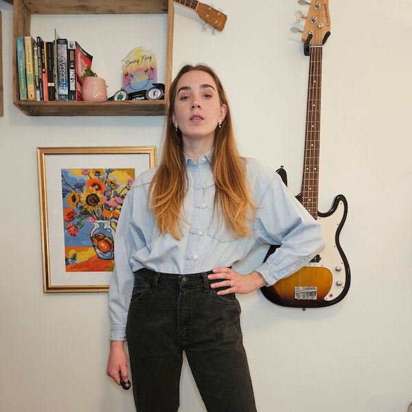 Vintage 1990s "Theo" Light Wash Denim Long Sleeve Collared Shirt With Pocket and Loop Buttons - Size 2X